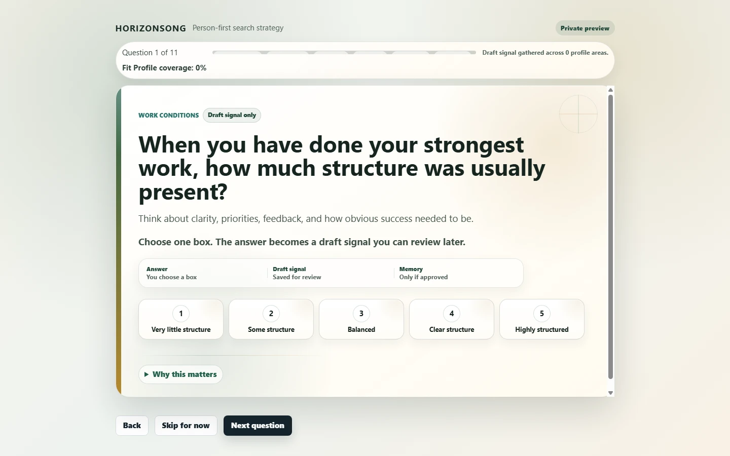 HorizonSong guided Fit Profile question asking how much structure supported the user's strongest work, with draft-only and approval language.