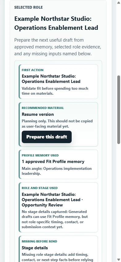 Mobile HorizonSong Materials Studio showing a fictional selected role, approved profile memory used, and missing stage details before drafting.