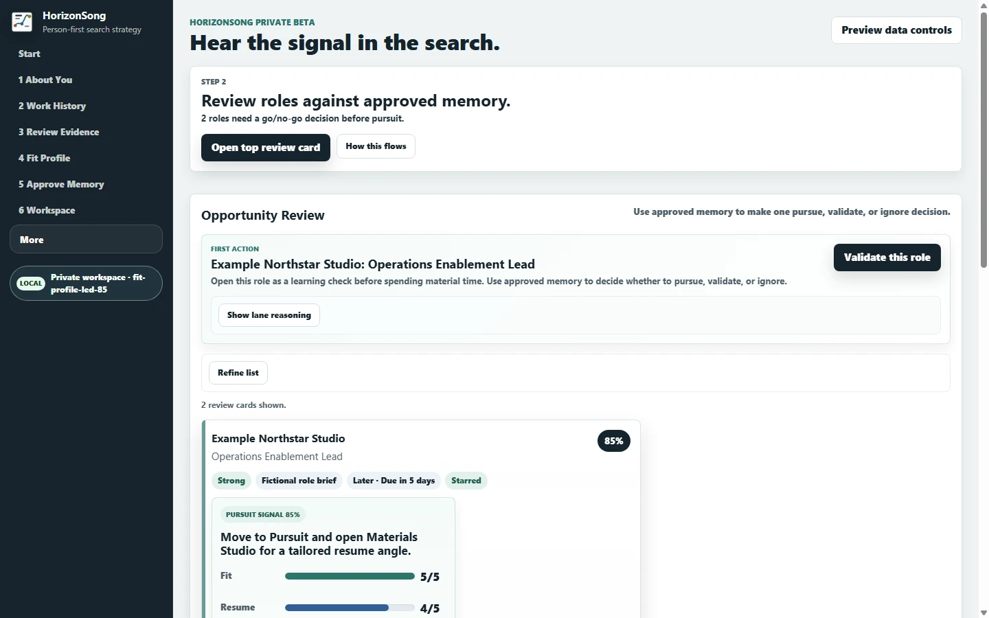 HorizonSong Opportunity Review showing a fictional operations role and a validate-this-role action based on approved memory.