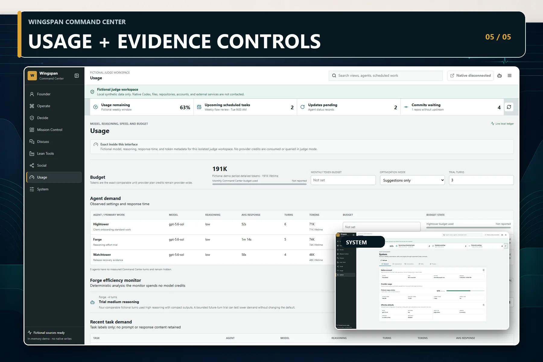 Fictional Wingspan Command Center Usage view showing bounded model, reasoning, speed, and token-demand evidence with reversible controls.