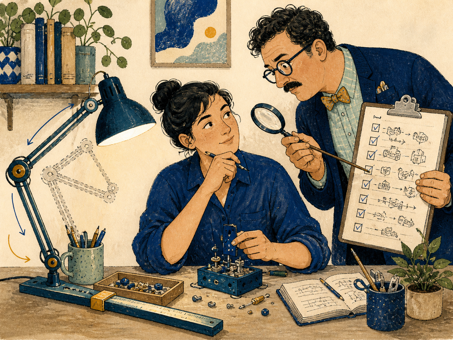 Illustration of a worker assembling a device while a well-meaning manager reviews the work closely with a checklist and magnifying glass.