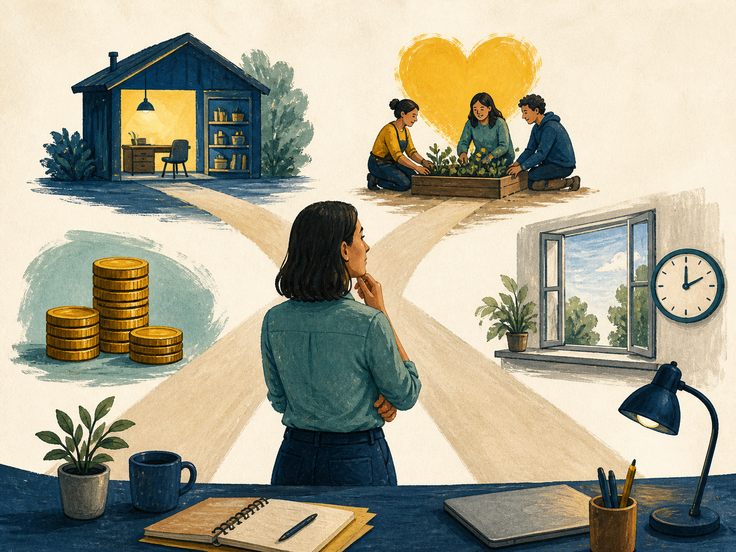 Illustration of a job seeker considering stability, meaningful work, pay, and a calmer pace as possible directions.
