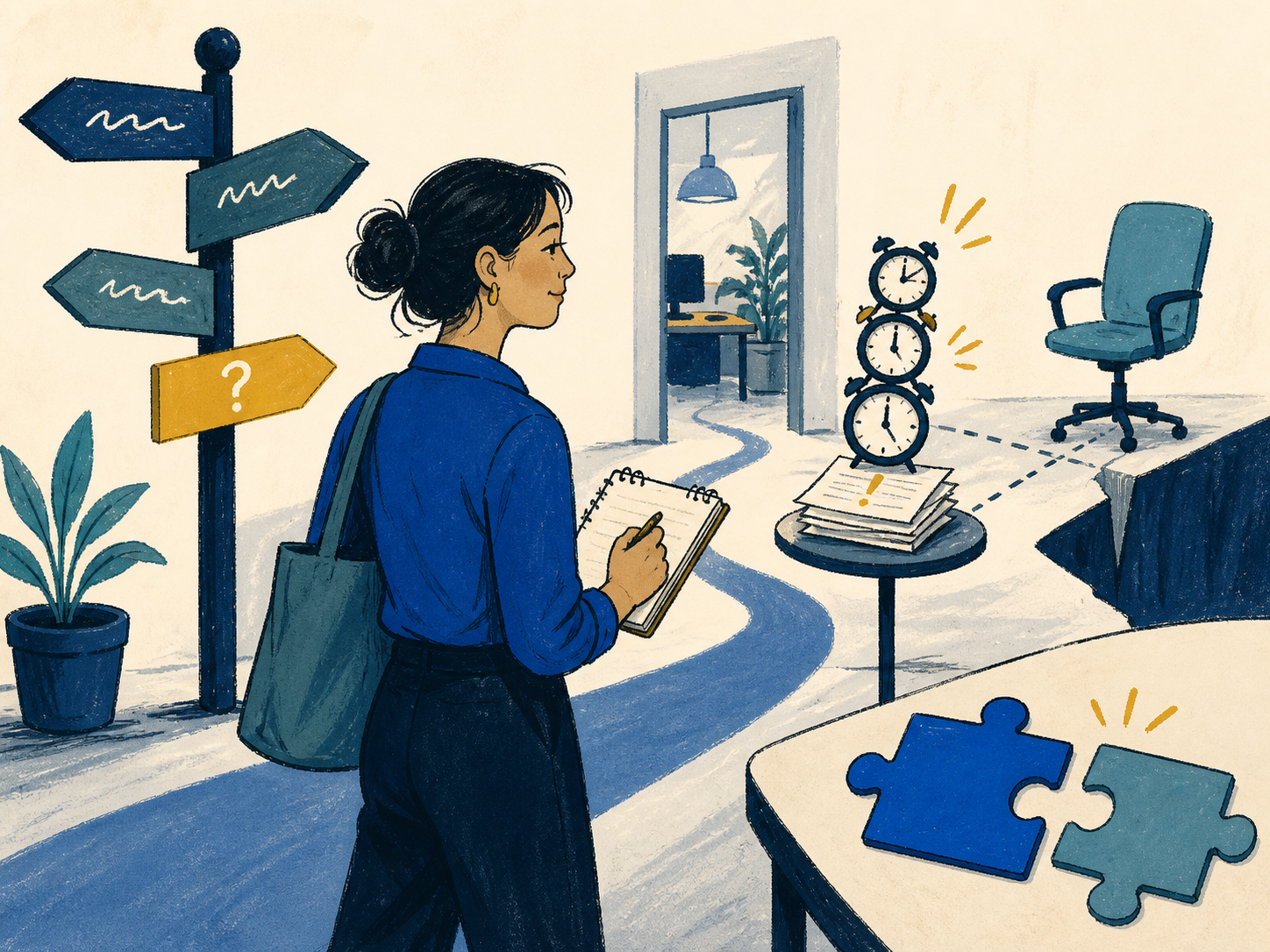 Illustration of a worker noting unclear directions, time pressure, isolation, and mismatched pieces as workplace friction signals.