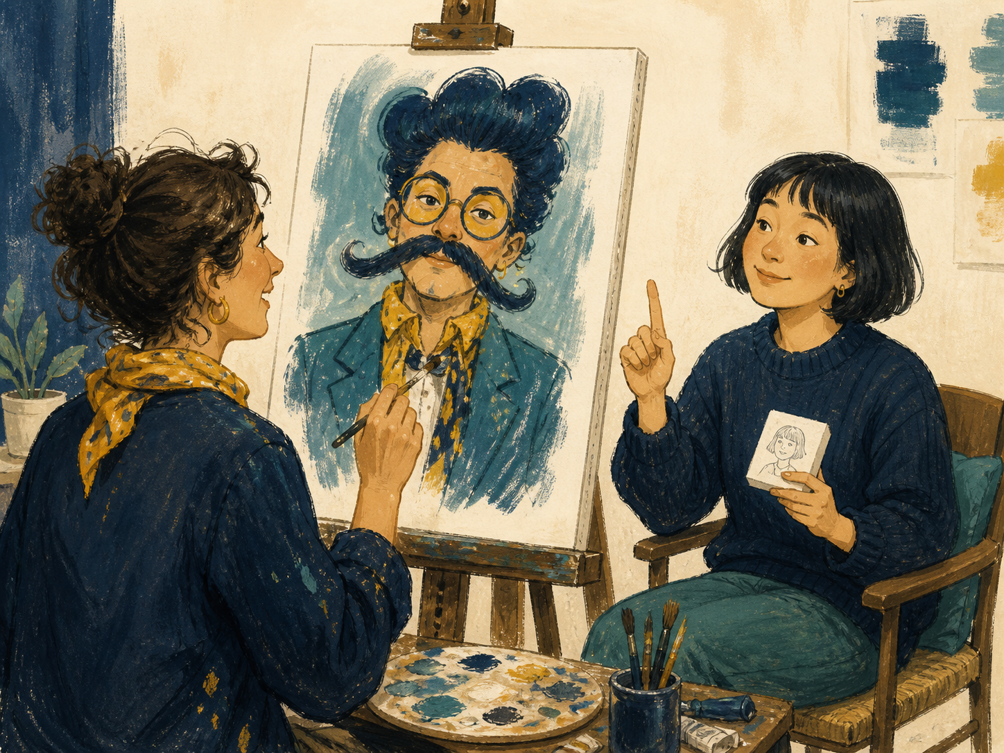 Illustration of a portrait sitter gently correcting a painter whose portrait has the wrong hair, glasses, mustache, and clothing.