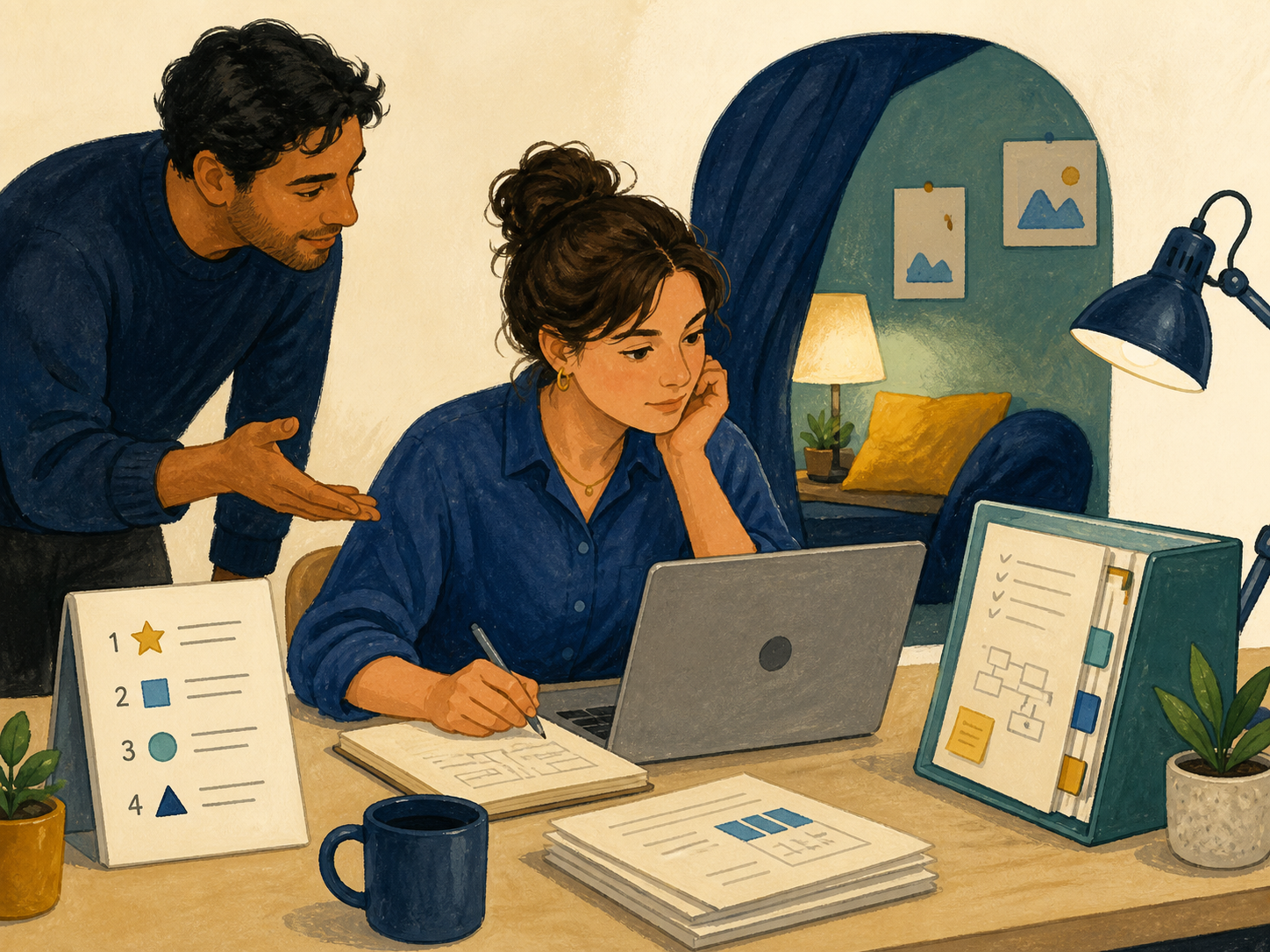 Illustration of a worker using clear priorities, manager access, documentation, and a quiet space while handling difficult work.