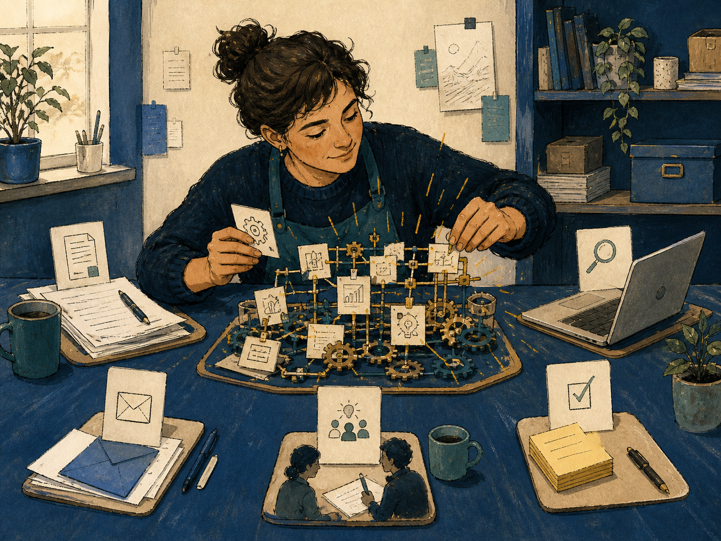 Illustration of a worker energized while arranging gears, notes, and ideas into a working system.
